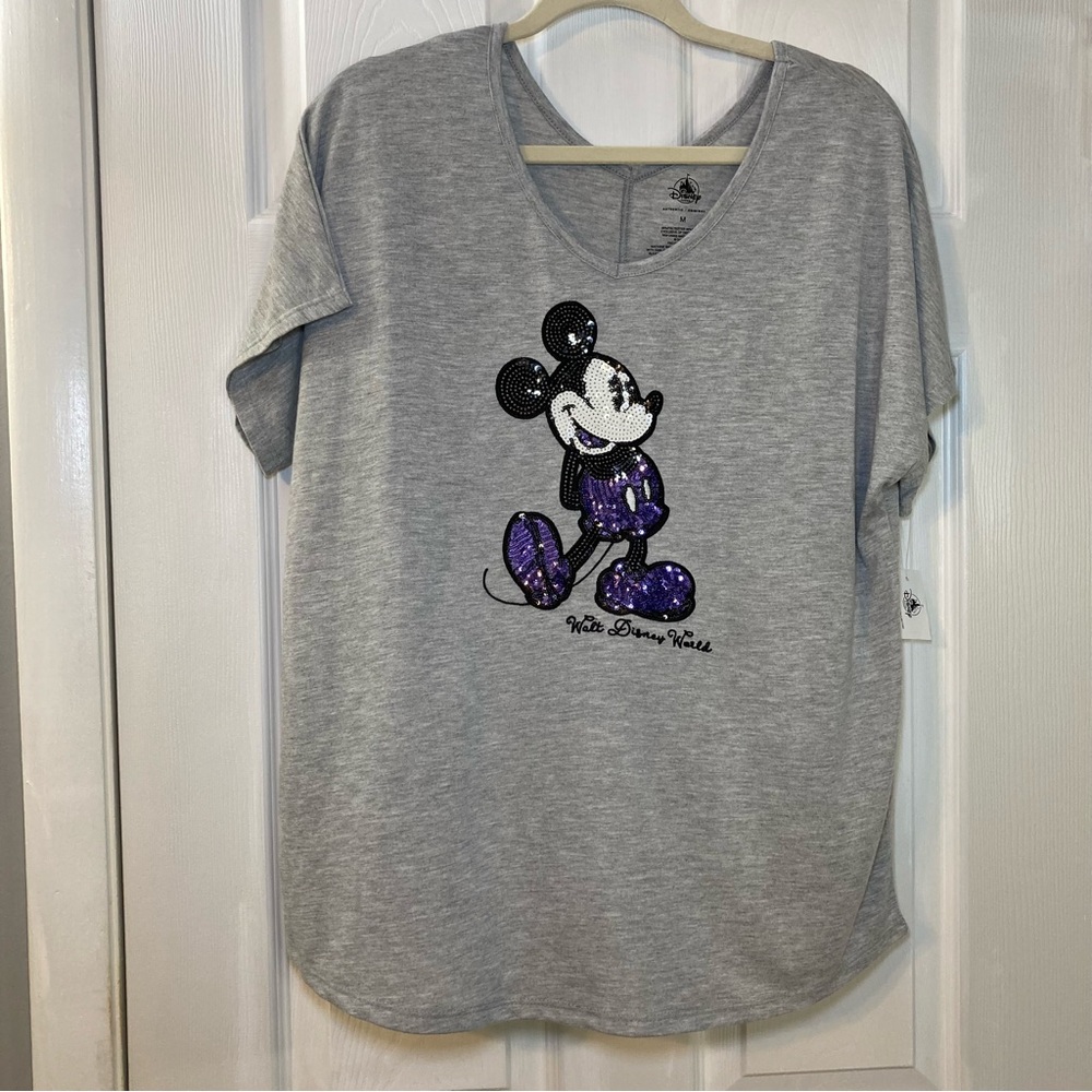 Disney Parks Gray Short Sleeve Mickey Mouse WDW Sequin Tee Women size Medium